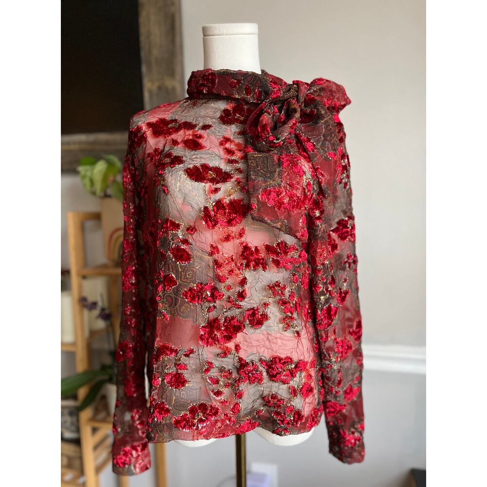 Vintage 90s Blouse Red Crushed Velvet Sheer Bow Size Large